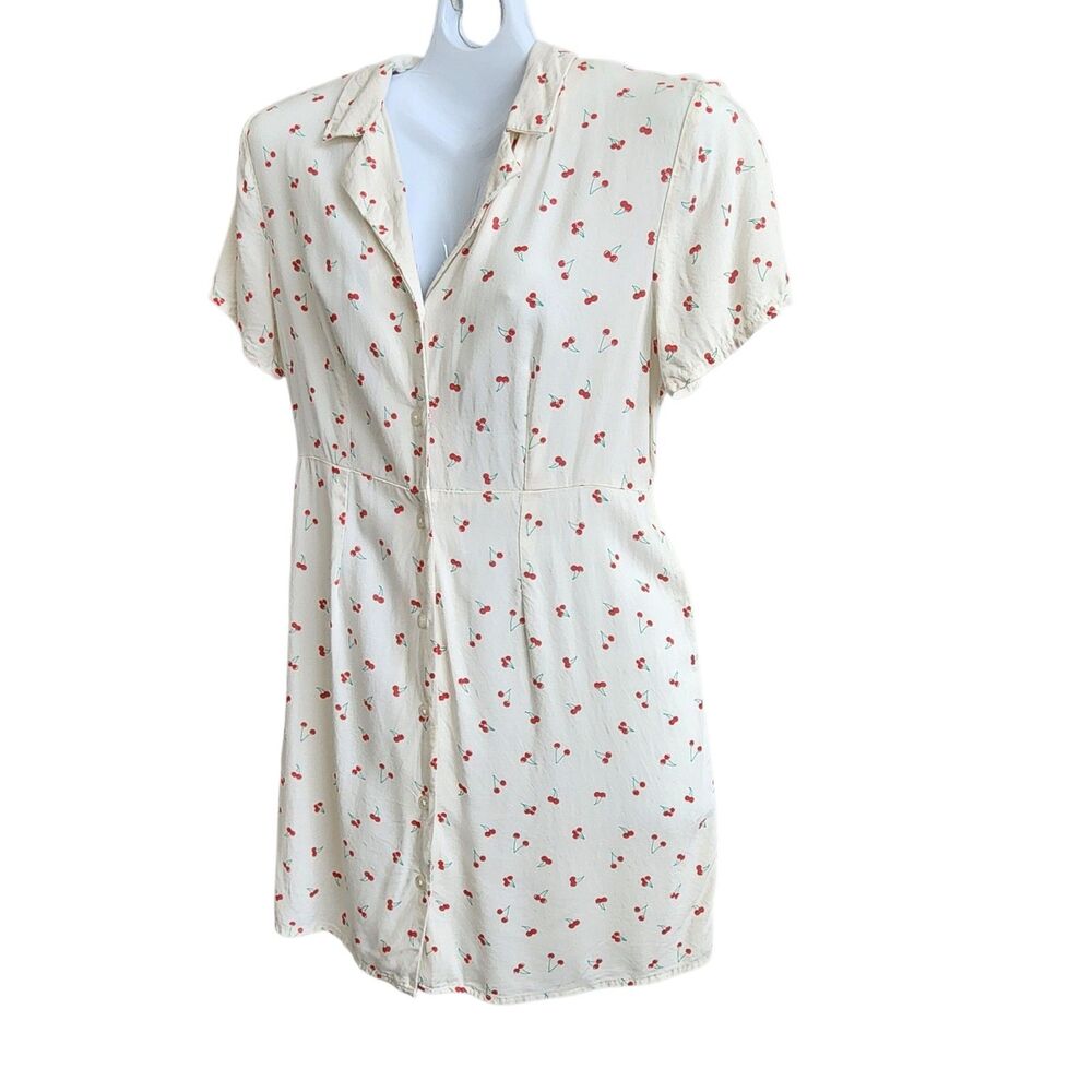 SO Iconic 1950s Cherry Print Rayon Button-Up Shirt Dress-Rockabilly-Pin Up Tie M